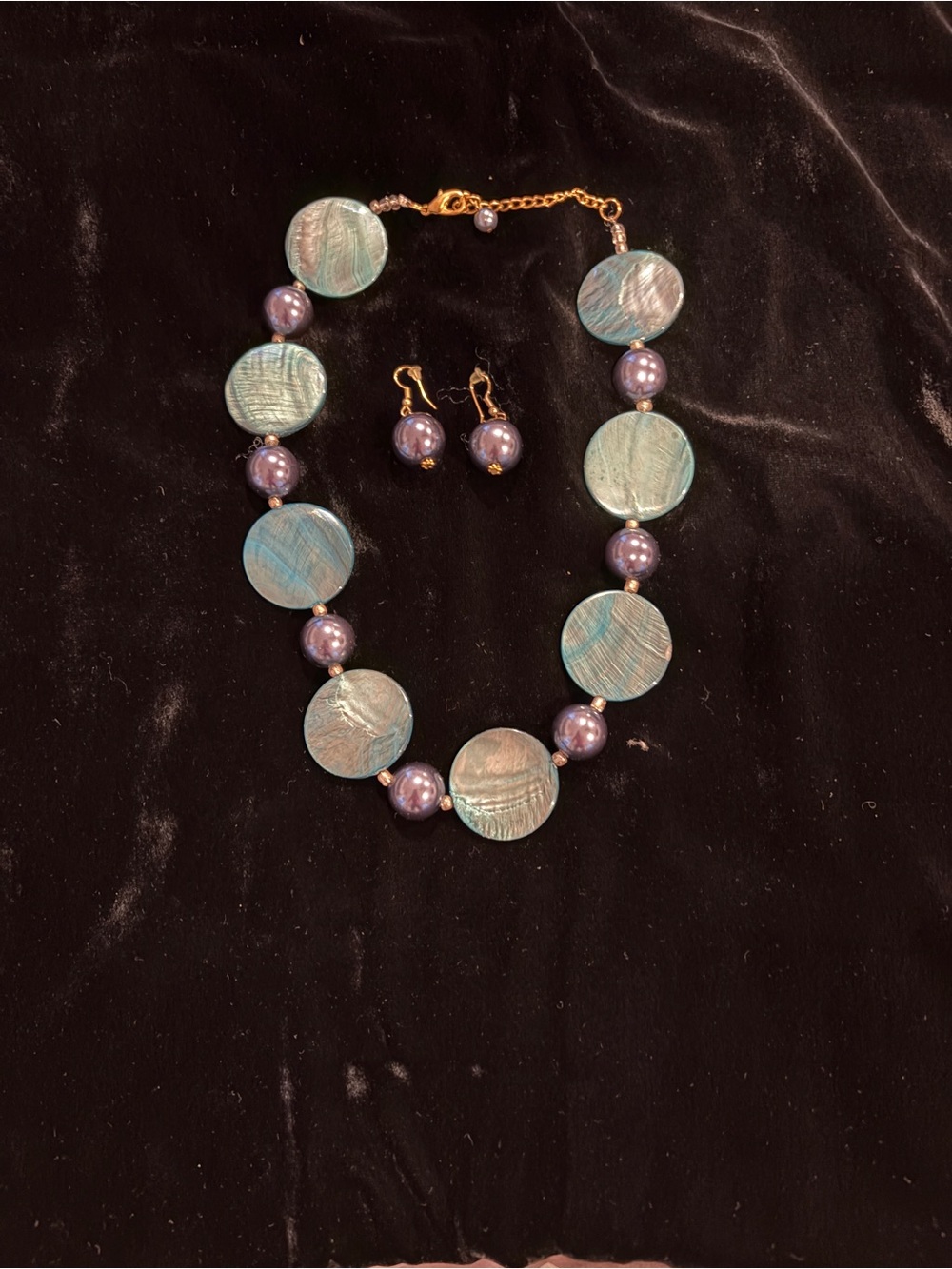 Elegant Teal Shell Disc Necklace with Matching Pearl Drop Earrings